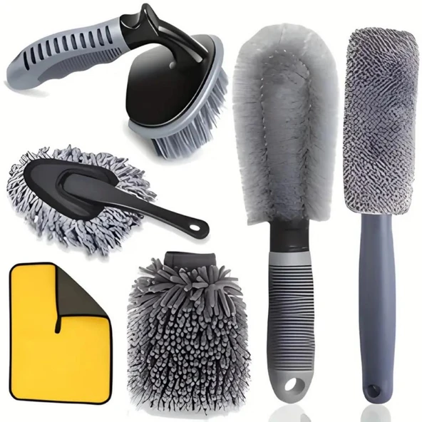 Coofbe 6 Parça Profesyonel Mikrofiber Araç Oto Yıkama Seti Yıkama Eldiveni Jant Lastik Fırçası Toz Fırçası - 6