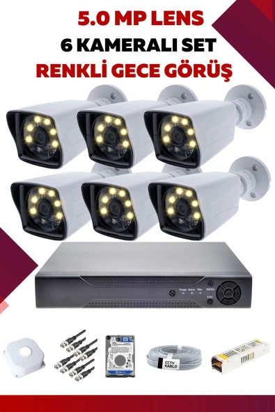 6 Kameralı Set - 5MP Sony Lensli Full Hd Renkli Gece Görüşlü Güvenlik Kamerası Sistemi - IYUZTYK0AK