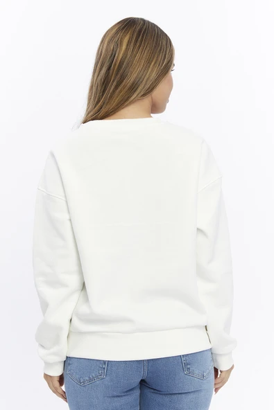 Kadife Ayıcıklar Desenli Şardonlu (İçi Polarlı) Ekru Regular Fit Bisiklet Yaka Kadın Sweatshirt - 3