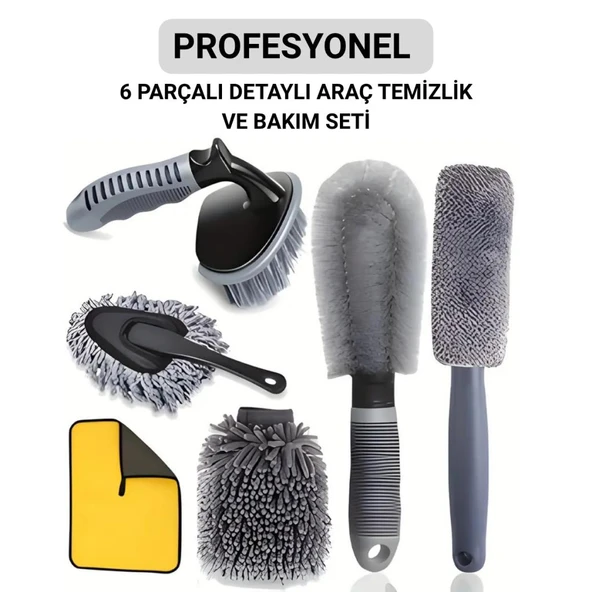 Coofbe 6 Parça Profesyonel Mikrofiber Araç Oto Yıkama Seti Yıkama Eldiveni Jant Lastik Fırçası Toz Fırçası - 7