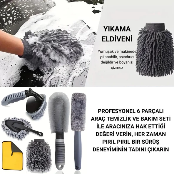 Coofbe 6 Parça Profesyonel Mikrofiber Araç Oto Yıkama Seti Yıkama Eldiveni Jant Lastik Fırçası Toz Fırçası - 9