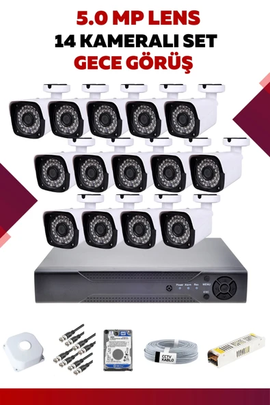 14 Kameralı Set - 5MP Sony Lensli Full Hd Gece Görüşlü Güvenlik Kamerası Sistemi - 4YBMU7CG63
