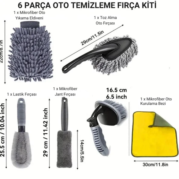 Coofbe 6 Parça Profesyonel Mikrofiber Araç Oto Yıkama Seti Yıkama Eldiveni Jant Lastik Fırçası Toz Fırçası - 4