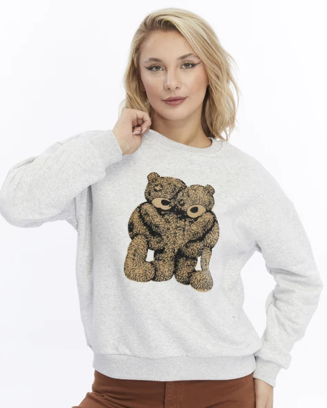 Kadife Ayıcıklar Desenli Gri Melanj Yumuşak Dokulu Regular Fit Bisiklet Yaka Kadın Sweatshirt