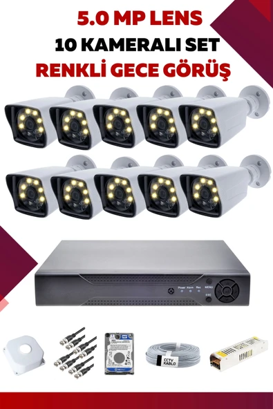 10 Kameralı Set - 5MP Sony Lensli Full Hd Renkli Gece Görüşlü Güvenlik Kamerası Sistemi - ZKNMP49SQF ürün görseli