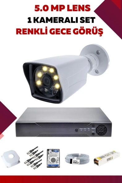 1 Kameralı Set - 5MP Sony Lensli Full Hd Renkli Gece Görüşlü Güvenlik Kamerası Sistemi - VZ0XVPUJZ8