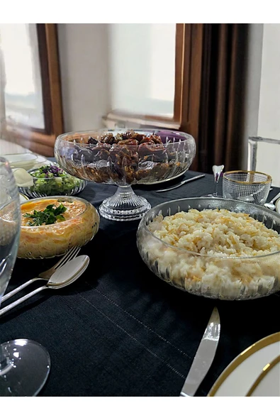 Kesme Kristal Yuvarlak Ayaklı Sunumluk Kase 24 Cm Salata Sunum Kasesi - 4