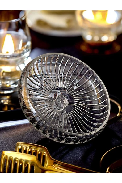 Kesme Kristal Yuvarlak Ayaklı Sunumluk Kase 24 Cm Salata Sunum Kasesi - 3