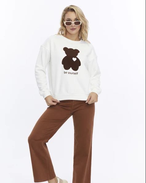 Kadife Be Yourself Desenli Ekru Yumuşak Dokulu Regular Fit Bisiklet Yaka Kadın Sweatshirt - 2