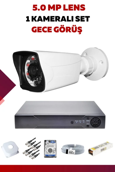 1 Kameralı Set - 5MP Sony Lensli Full Hd Gece Görüşlü Güvenlik Kamerası Sistemi - B4WIQY0OM5