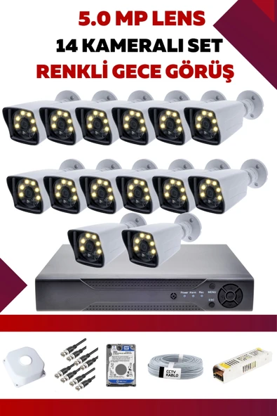 14 Kameralı Set - 5MP Sony Lensli Full Hd Renkli Gece Görüşlü Güvenlik Kamerası Sistemi - 52EHQFYXOP