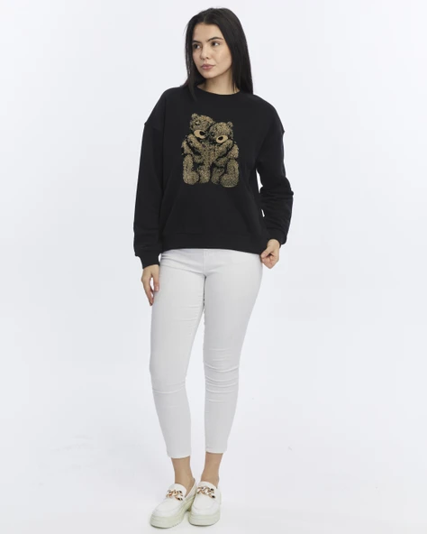 Kadife Ayıcıklar Desenli Siyah Yumuşak Dokulu Regular Fit Bisiklet Yaka Kadın Sweatshirt - 2