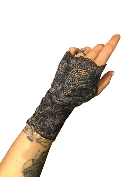 Dantel eldiven, dans eldiveni, kostüm, düğün, fantazi eldiven, gri dantel eldiven, - 4