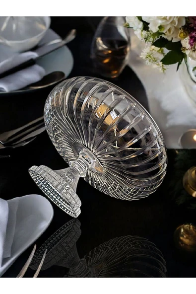 Kesme Kristal Yuvarlak Ayaklı Sunumluk Kase 24 Cm Salata Sunum Kasesi - 7