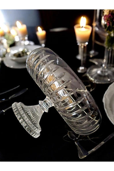 Kesme Kristal Yuvarlak Ayaklı Sunumluk Kase 24 Cm Salata Sunum Kasesi - 6