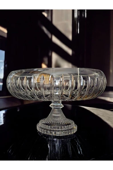 Kesme Kristal Yuvarlak Ayaklı Sunumluk Kase 24 Cm Salata Sunum Kasesi - 5