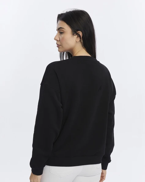 Kadife Ayıcıklar Desenli Siyah Yumuşak Dokulu Regular Fit Bisiklet Yaka Kadın Sweatshirt - 3