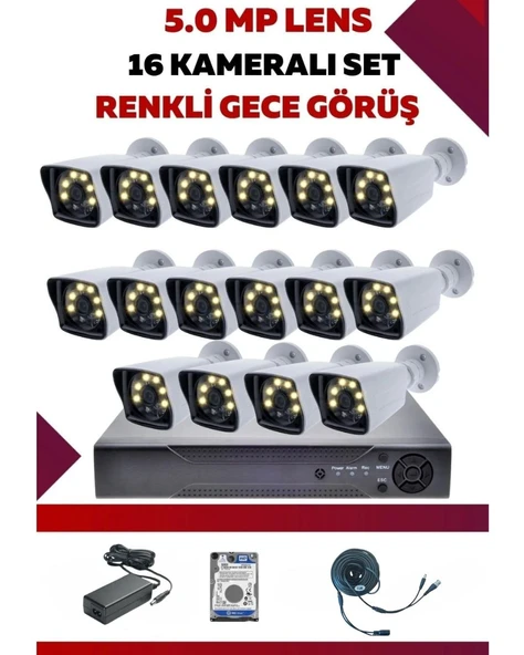 16 Kameralı Set - 5MP Sony Lensli Full Hd Renkli Gece Görüşlü Güvenlik Kamerası Sistemi - F3QFAHTRNN ürün görseli