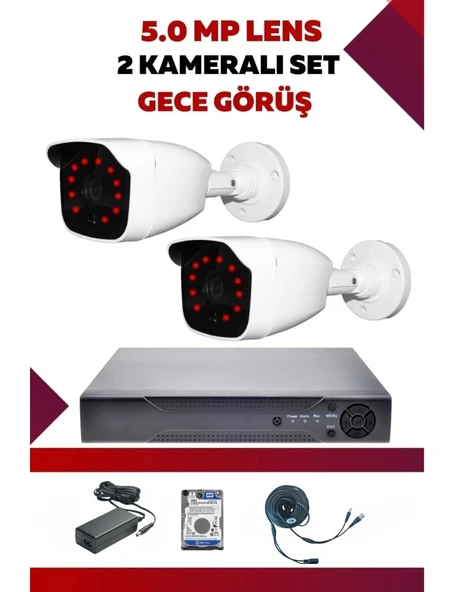 2 Kameralı Set - 5MP Sony Lensli Full Hd Gece Görüşlü Güvenlik Kamerası Sistemi - 2S1IDNLABU - Resim 1