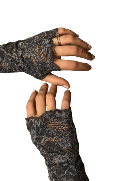 Dantel eldiven, dans eldiveni, kostüm, düğün, fantazi eldiven, gri dantel eldiven,