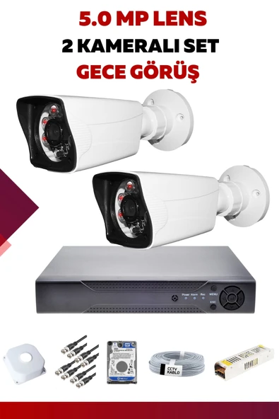 2 Kameralı Set - 5MP Sony Lensli Full Hd Gece Görüşlü Güvenlik Kamerası Sistemi - 2S1IDNLABU