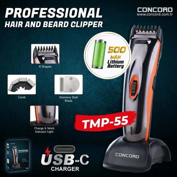 CONCORD TMP-55 ALÜMİNYUM GÖVDELİ  ŞARJLI TYPE-C ŞARJ PROFESYONEL TIRAŞ MAKİNESİ