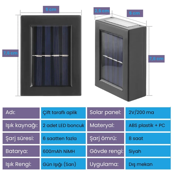 UpWay Güneş Enerjili Çift Taraflı Dekoratif Duvar Lambası Solar Aplik 2 Adet - 7