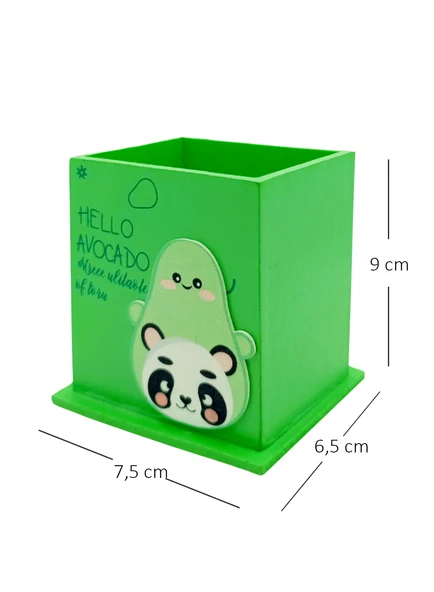 Ahşap Masaüstü Kalemlik Sevimli Avakado Panda Desenli Yeşil - 1 Adet - 3