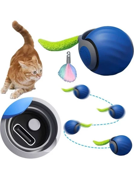 Otomatik Yuvarlanan Şarjlı Hareketli Tüylü Top Kedi Oyuncağı (Mavi) - 2