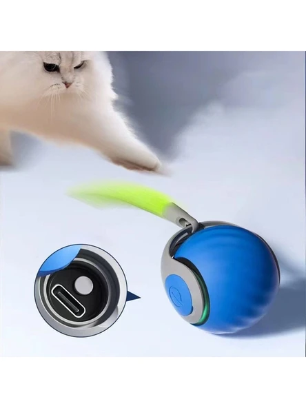 Otomatik Yuvarlanan Şarjlı Hareketli Tüylü Top Kedi Oyuncağı (Mavi)