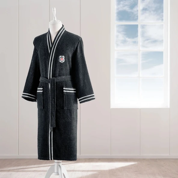 Taç Taraftar Lisanslı Tek Bornoz Şalyaka (L Beden)-Beşiktaş Siyah Beyaz