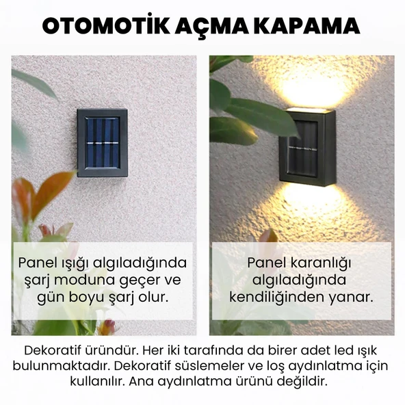 UpWay Güneş Enerjili Çift Taraflı Dekoratif Duvar Lambası Solar Aplik 2 Adet - 3