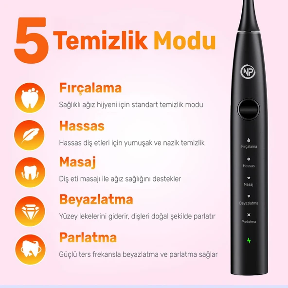 NPO Nicefeel X610-Z Dakikada 40000 Titreşim, Şarjlı Sonic Profesyonel Diş Fırçası-Siyah - 6