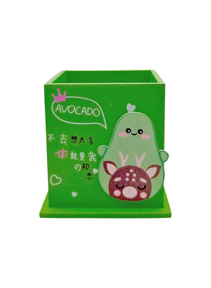 Ahşap Masaüstü Kalemlik Sevimli Avakado Geyik Desenli Yeşil - 1 Adet - Resim 2