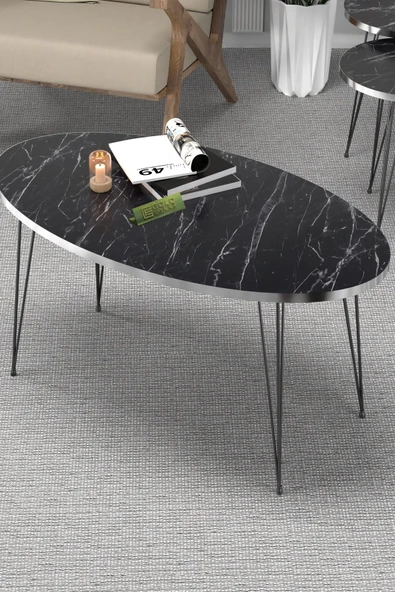 Orta Sehpa Elips Siyah Tel Ayak Gümüş Bendir ürün görseli 1