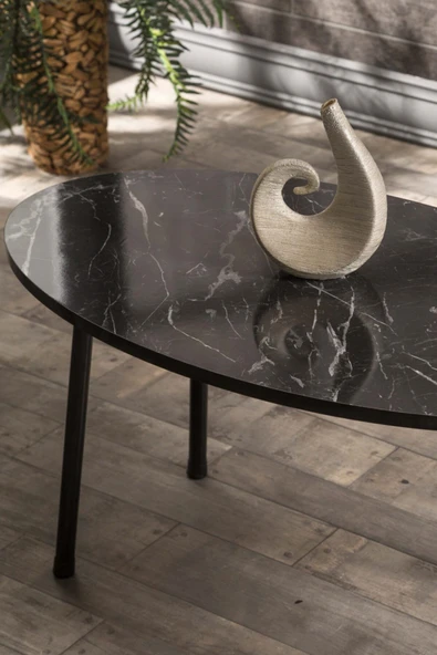 Orta Sehpa Metal Ayak Elips Siyah Mermer Desen