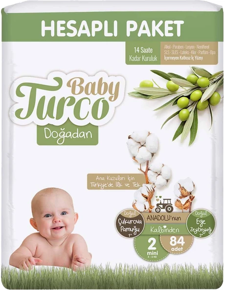 Baby Turco Bebek Bezi Doğadan Beden:2 (3-6Kg) Mini 84 Adet Jumbo Ekonomik Pk