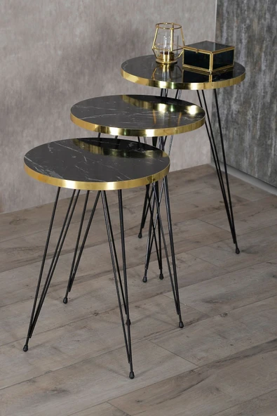 Zigon Sehpa Ve Orta Sehpa Elips Set Siyah Ayak Altın Bendir Tel - 6