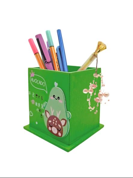 Ahşap Masaüstü Kalemlik Sevimli Avakado Geyik Desenli Yeşil - 1 Adet - Resim 4