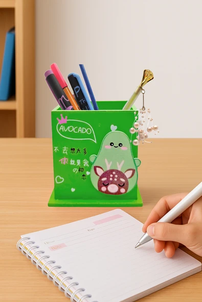 Ahşap Masaüstü Kalemlik Sevimli Avakado Geyik Desenli Yeşil - 1 Adet ürün görseli 1