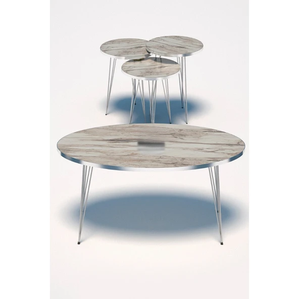 Zigon Sehpa Ve Orta Sehpa Elips Set Gümüş Efes Tel