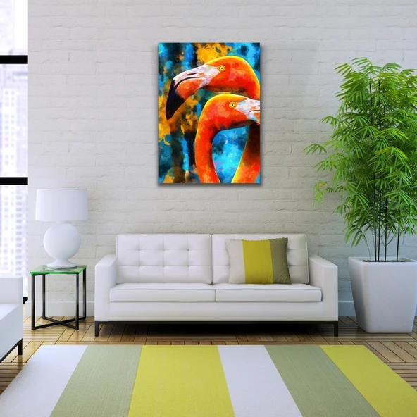 Flamingo, Turuncu ve Mavi Tonlarda Suluboya Tekniğinde Kanvas Tablo 50 x 70 - 2