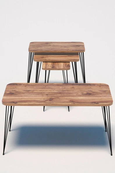 Zigon Sehpa Kr Ve Orta Sehpa Kr Set Siyah Ayak Ceviz Tel - Resim 4