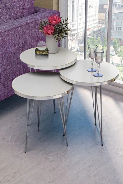 Zigon Sehpa Ve Orta Sehpa Elips Set Gümüş Beyaz Tel - 2