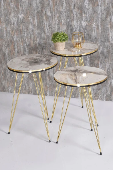 Zigon Sehpa 3'lü Altın Metal Ayak Krem Altın - Resim 3