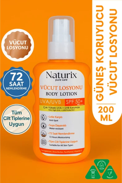 Vücut Losyonu SPF 50+ PA+++ | UVA/UVB Güneş Koruması, 72 Saat Nem, Leke Karşıtı Etkili - 200ml