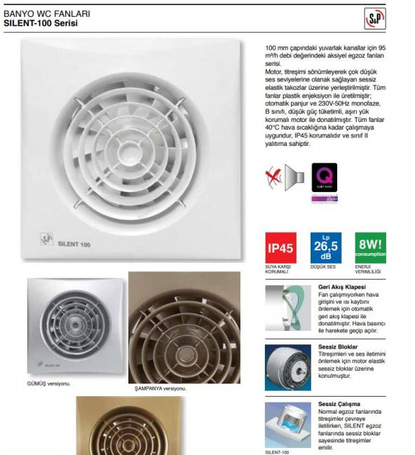 Soler Palau Silent 100 CZ Kanal 100mm m³/h 95 dB 26.5 Sessiz Tasarruflu Ortam Havalandırma Fanı AGMair agm - 5