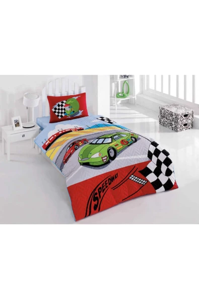 Kapitoneli Tek Kişilik 4 Mevsim Pike Pamuk Yarış Arabalı Model Speedway Nevresim