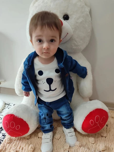 Defnada Kot Kumaş Kapüşonlu Uzun Kol Sweatli Kot Kumaş 3'lü Erkek Bebek Takımı - 4