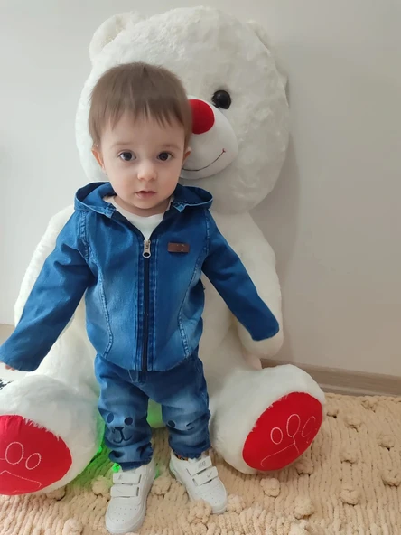 Defnada Kot Kumaş Kapüşonlu Uzun Kol Sweatli Kot Kumaş 3'lü Erkek Bebek Takımı - 2